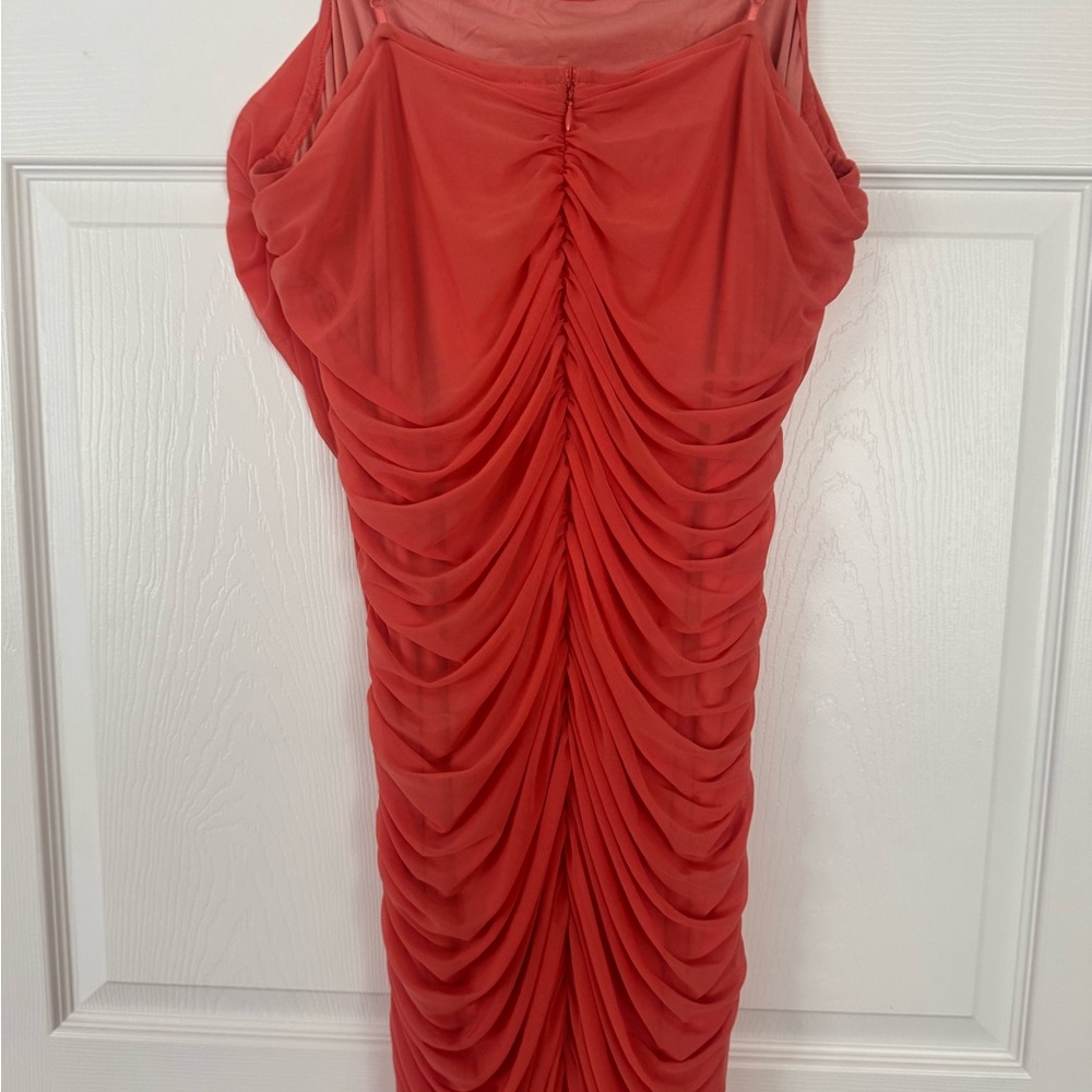 Venus Coral Ruched Column Mesh Bodycon Dress with Spaghetti Straps Size 2X - Picture 4 of 7
